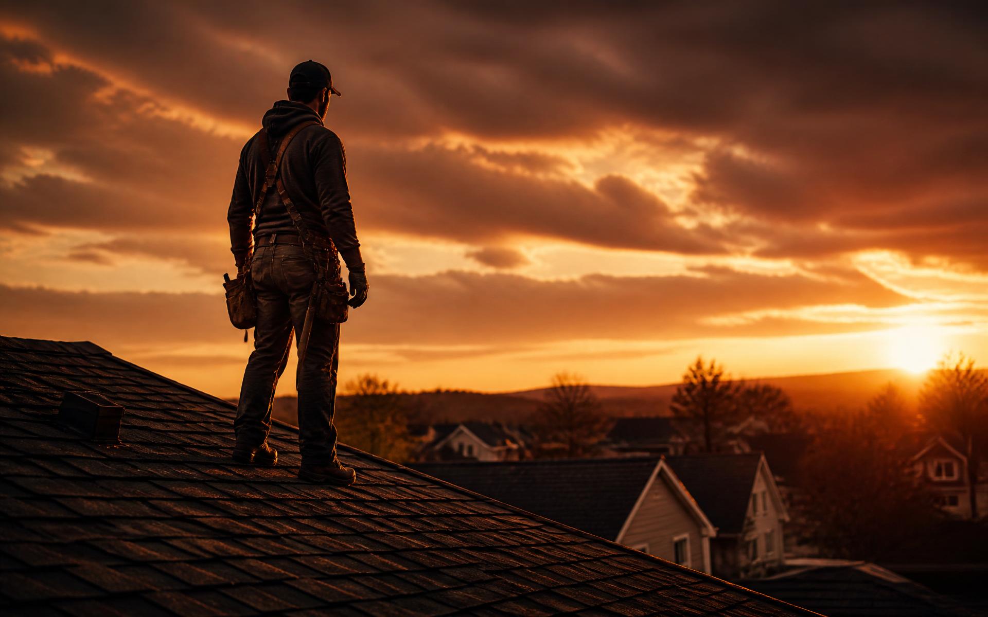 Roofing contractor on a residential roof at sunset